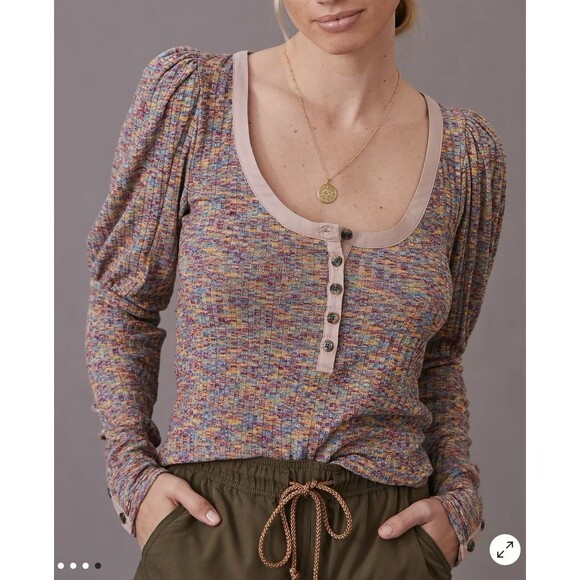 Anthropologie Tops - Anthropologie Top Women's Size Small Puff Sleeve Knit Henley Top Space Dyed